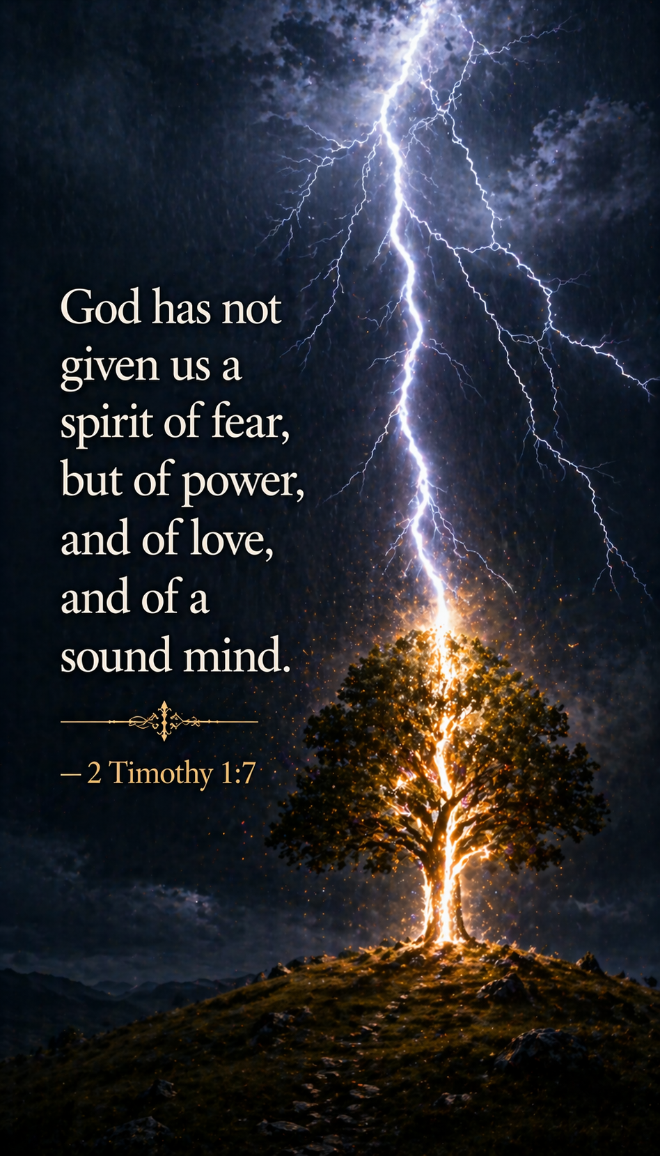 Lightning bolt striking lone tree on hilltop at night tree still standing illuminated alive raw divine power -- 2 Timothy 1:7 vertical wallpaper